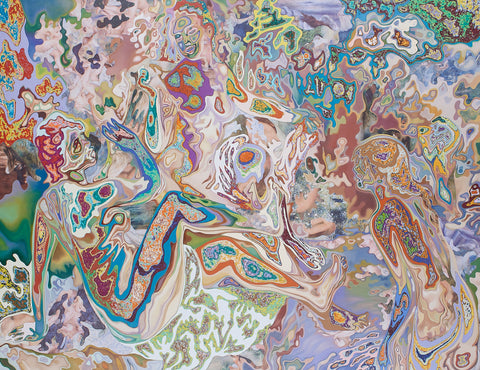 A Paradise You Shouldn't Peek Into, AZUKI FURUYA, 2024Acrylic, oil, collage mixed media on panel112.0 × 145.3 cm