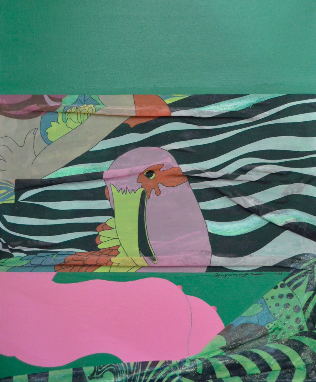 Collage with cloth, GO YAYANAGI, 1991Cloth, Silk screen, Oil on canvas65.2 × 53.0 cm