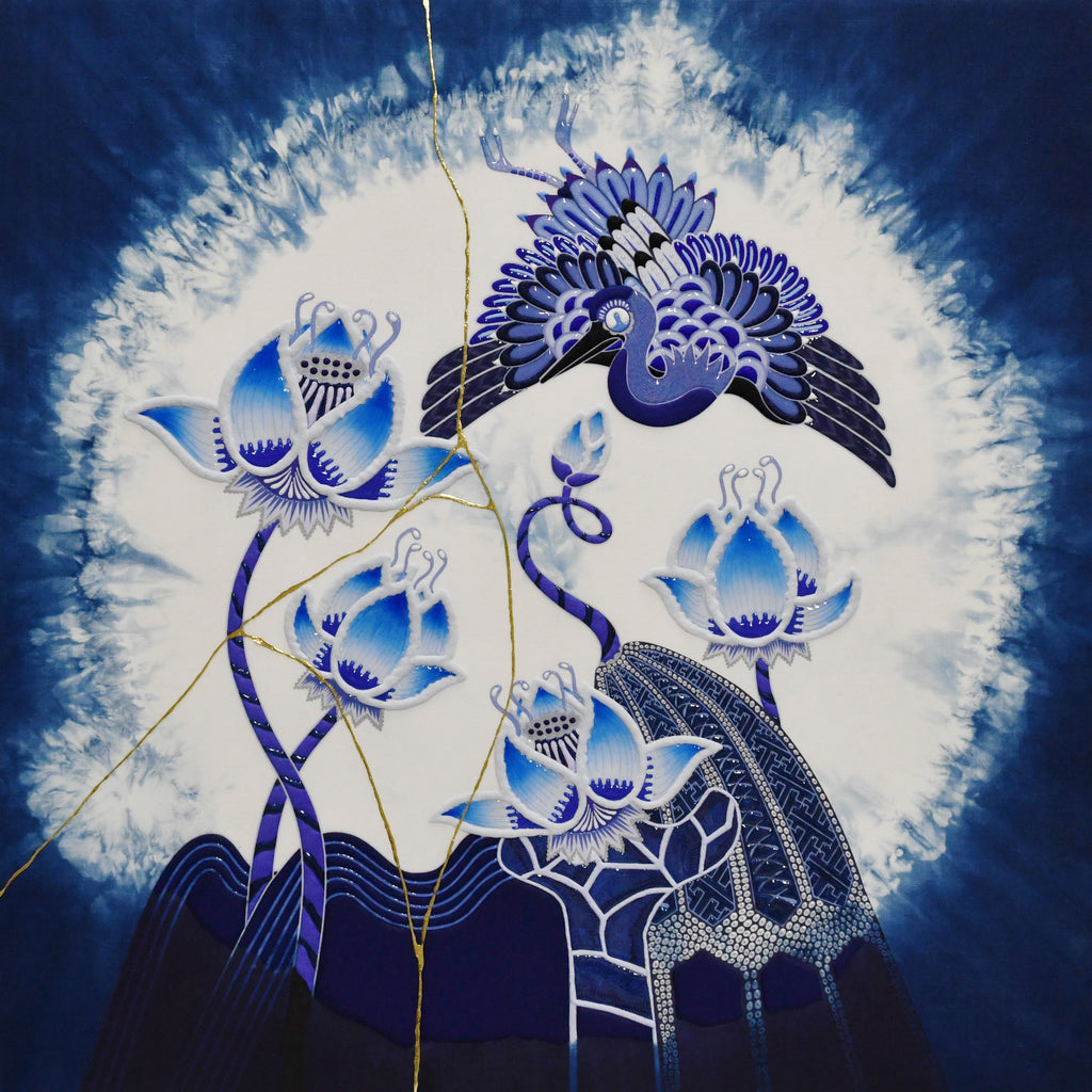 Lotus Crane - Japan blue -#1, KOHEI KYOMORI, 2022Mineral pigments, indigo dyed linen on canvas60.6 × 60.6 × 2.4 cm