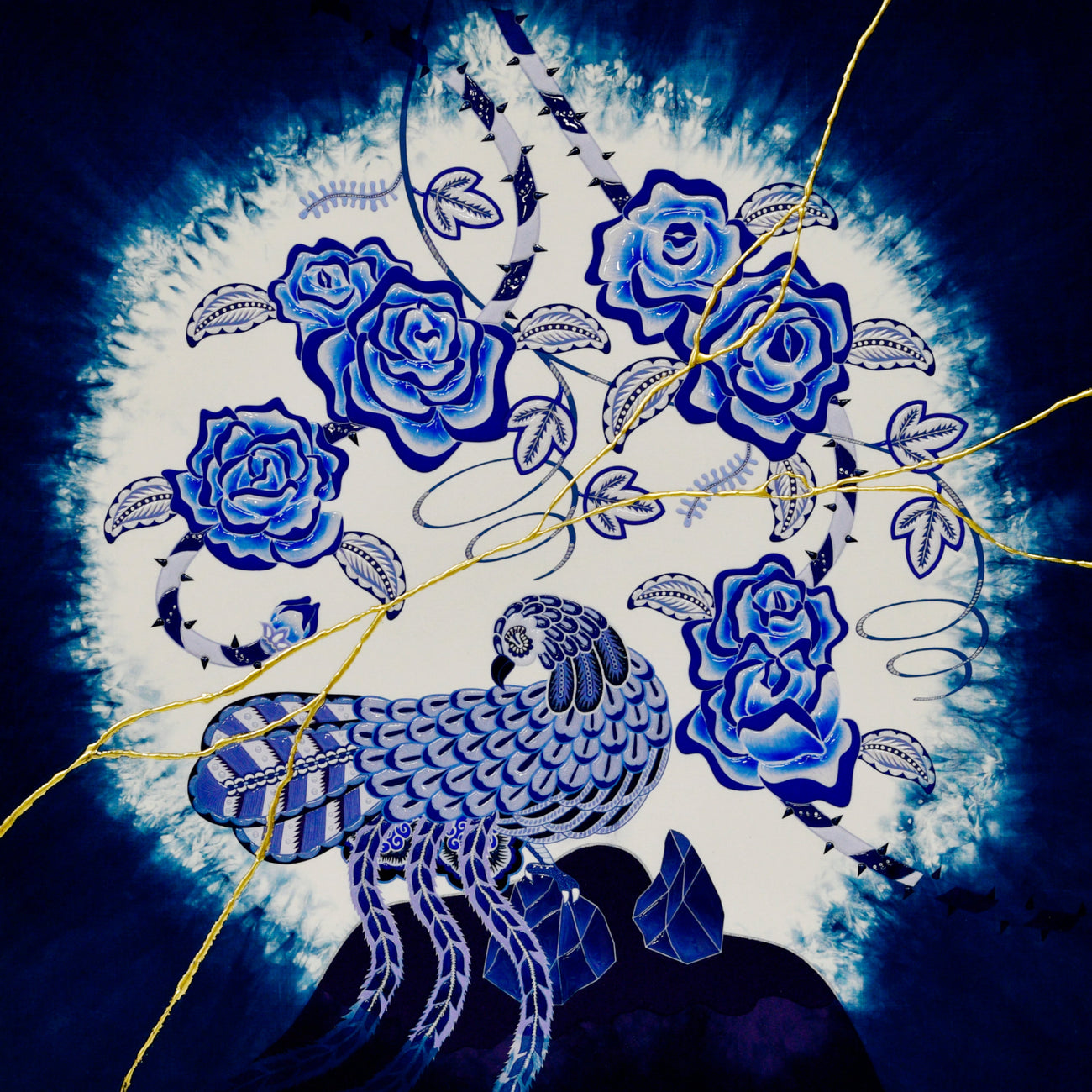 Japan blue Rose, KOHEI KYOMORI, 2024UV resin, mineral pigments, indigo dyed linen,72.5 × 72.5 × 2.5 cm