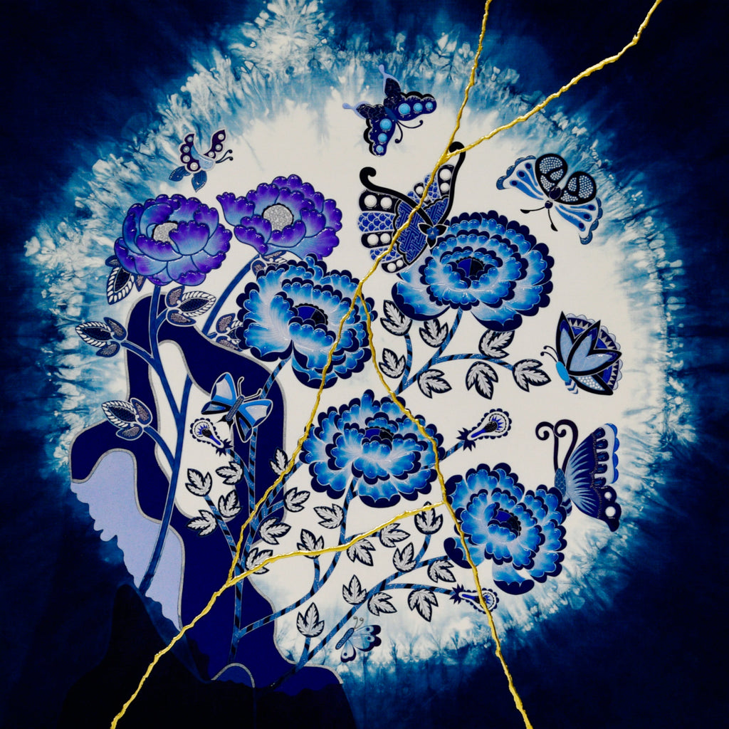 Japan blue Peony, KOHEI KYOMORI, 2024UV resin, mineral pigments, indigo dyed linen,72.5 × 72.5 × 2.5 cm