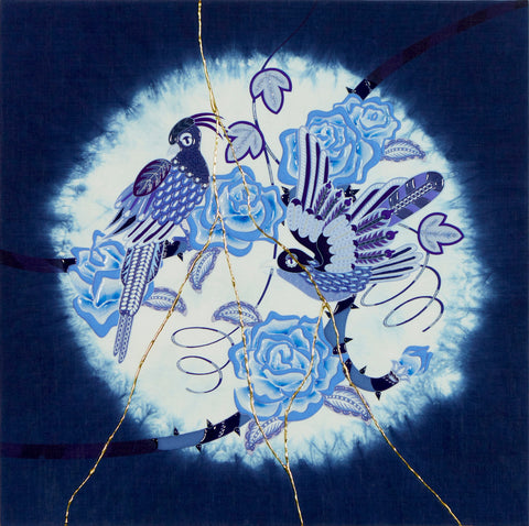 Japan blue Rose, KOHEI KYOMORI, 2024UV resin, mineral pigments, indigo dyed linen,53.0 × 53.0 × 2.0 cm