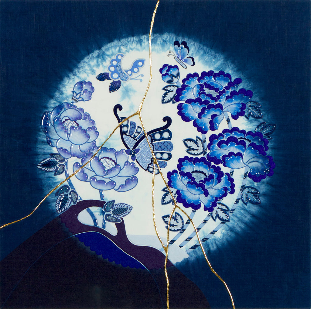 Japan blue Peony, KOHEI KYOMORI, 2024UV resin, mineral pigments, indigo dyed linen,53.0 × 53.0 × 2.0 cm