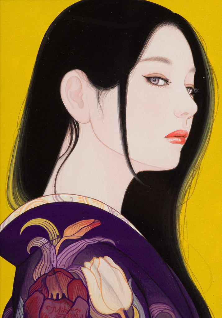 SAIKA2 UKONKOU, MIKI KATOH, 2024Gouache, Natural mineral pigments, Dyed mud pigment, Watson paper, Wood panel22.8 × 16.0 cm “Saika” is a series that celebrates the joy of color.Though composed with the same structure, subtle differences in color and pattern shift the impression—inviting the viewer to explore their personal preferences.The “large-head portraits” (ōkubi-e) of the Edo period were hugely popular for depicting beloved actors and courtesans in dramatic close-ups. Techniques like kirazuri, which added shimmering mica to pigments, enhanced the viewer’s enjoyment.Similarly, the “Saika” series presents vivid bust portraits of women in gouache, allowing close observation of their expressions. The vibrant patterns serve as accents within a space, while the mineral pigments used in the background offer a uniquely shimmering texture—an experience only possible when seen in person.These works transform traditional Japanese beauty into contemporary art. That is the essence of “Saika.”This particular piece, titled *Ukonkō*, takes its name from the word for “tulip.”