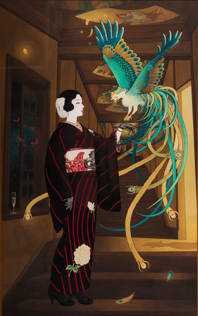 Blessing Wind, MIKI KATOH, 2024Gouache, Watson paper, Wood panel116.7 × 72.7 cm A woman opens a window to escape the heat of a night banquet—moonlight and a sky full of stars rush in. A bat escapes through the frame, flitting joyfully, as a phoenix descends from the ceiling bearing news of an auspicious event. And what of the future we’ve yet to see...?This piece was created for the 2024 exhibition “Showa Modern × Hyakudan Kaidan: Tokyo Modern Girl Life,” held at Hotel Gajoen Tokyo.The hotel is a renowned wedding venue, and the “Hyakudan Kaidan” (Hundred Steps Staircase), preserved for nearly 90 years, retains an atmosphere as if time has stood still—a realm beyond the ordinary. This inspired a work filled with fantasy and auspicious symbolism.The piece expresses celebration and hope for a yet unseen future.The character “凮” in the title uses an alternate form of the kanji for “wind,” incorporating the character for “hundred”—a visual tribute to the Hyakudan Kaidan. Similarly, the kanji for “祝” is written in traditional form, reflecting both the setting and the spirit of the work.