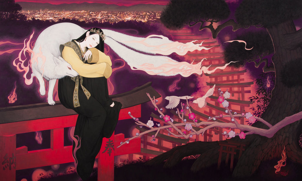 A Thousand Years Prayer, MIKI KATOH, 2020＋2024Acrylic gouache, Canvas97.3 × 162.0 cm Even after a thousand years and countless changing eras, the wishes born from humanity remain the same. Past, present, and future—all prayers converge here.We are the divine foxes of Fushimi, messengers who grant desires.Depicted in the work are Fushimi Inari Taisha in Kyoto, and the white foxes who have long received and guarded prayers. Founded 1,300 years ago, the shrine’s red torii gates line the mountain paths, layered with wishes conveyed through ema plaques and guardian statues.The foxes, having lived over a millennium, now possess two tails and wear sacred flaming jewels. One has transformed into a woman, clad in flowing garments of the Nara period, emerging under the night sky of Mt. Inari.If you look closely, the light trails of highways and the lines of torii seem to merge—blurring the boundary between our world and another.This work holds a multitude of wishes: for prosperity, for good fortune, for protection. The overlapping hopes of countless people through time have formed into this prayerful image.