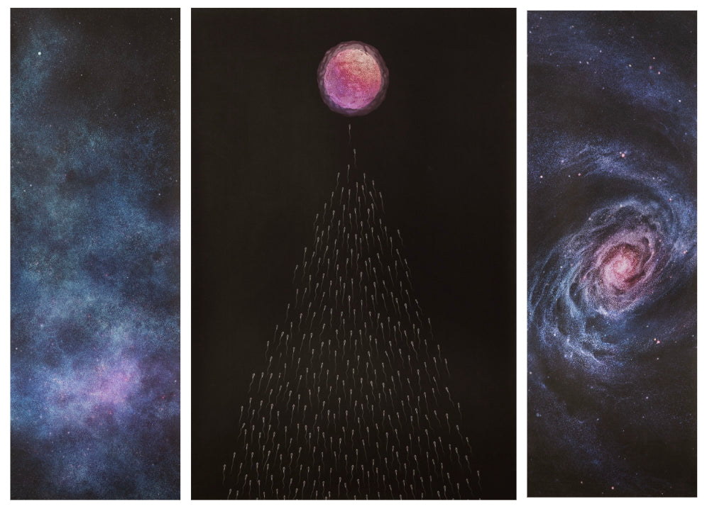 Diagram of the universe, TENMYOUYA HISASHI, 2023Bamboo wash paper,pigment,hanging scroll130.0 × 48.5、130.0 × 90.0、130.0 × 48.5 cm