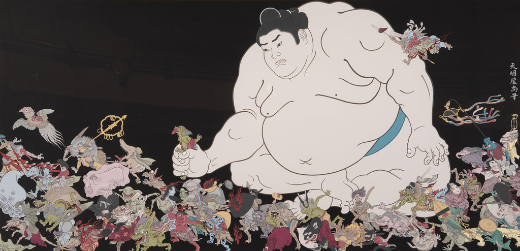 A picture of a sumo wrestler defeating a Yokai, TENMYOUYA HISASHI, 2024Acrylic, Wood45.0 × 91.0 cm