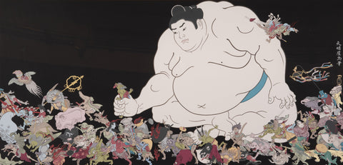 A picture of a sumo wrestler defeating a Yokai