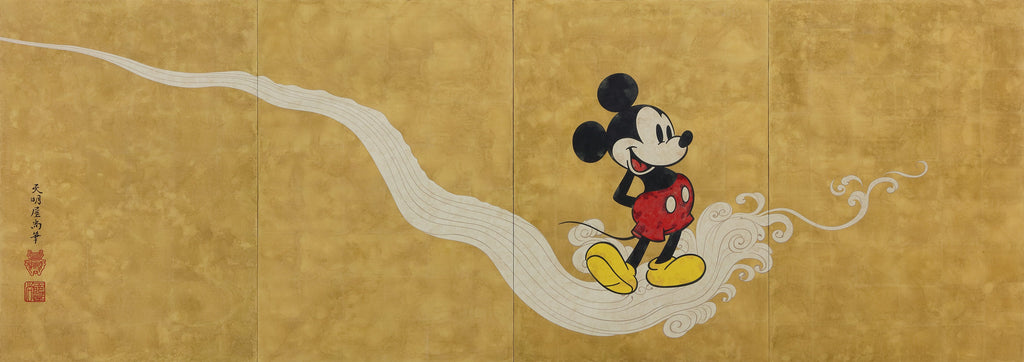 Mickey Arrive, TENMYOUYA HISASHI, 2020Black Gesso, Acrylic, Gold Leaf and Wood291.2 × 103.0 cm